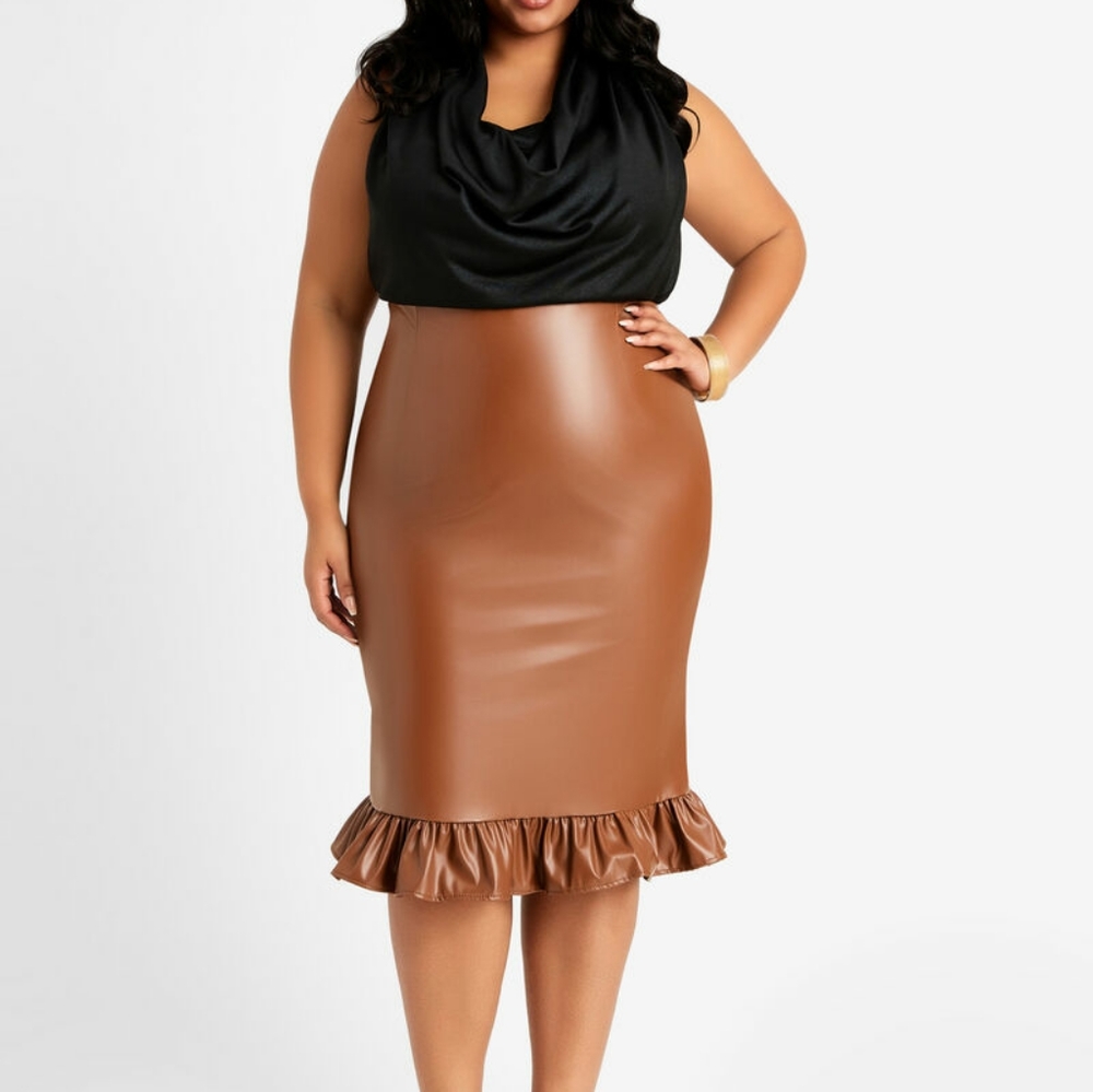 Faux leather ruffle hem skirt